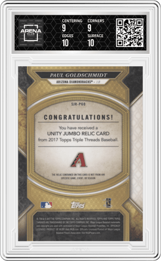 Paul Goldschmidt from the 2017 Topps Triple Threads set graded by Arena Club and given an overall grade of 9.5.