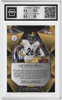 Le'Veon Bell from the 2017 Panini Spectra set featuring a Neon Pink Die-Cut parallel graded by Arena Club and given an overall grade of 10.