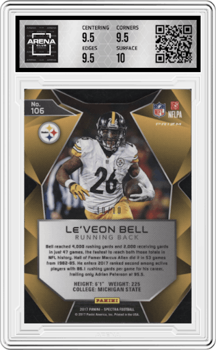 Le'Veon Bell from the 2017 Panini Spectra set featuring a Neon Pink Die-Cut parallel graded by Arena Club and given an overall grade of 10.