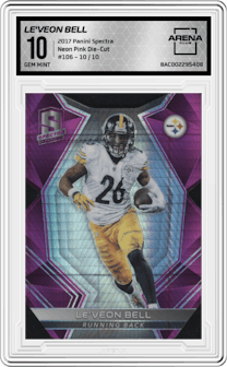 Le'Veon Bell from the 2017 Panini Spectra set featuring a Neon Pink Die-Cut parallel graded by Arena Club and given an overall grade of 10.
