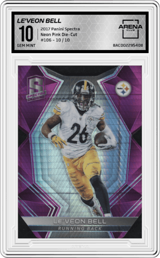 Le'Veon Bell from the 2017 Panini Spectra set featuring a Neon Pink Die-Cut parallel graded by Arena Club and given an overall grade of 10.