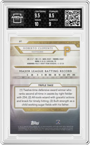 Roberto Clemente from the 2018 Topps Triple Threads set featuring a Gold parallel graded by Arena Club and given an overall grade of 9.