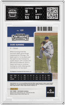 Dane Dunning from the 2021 Panini Contenders set featuring a Playoff Ticket parallel graded by Arena Club and given an overall grade of 9.