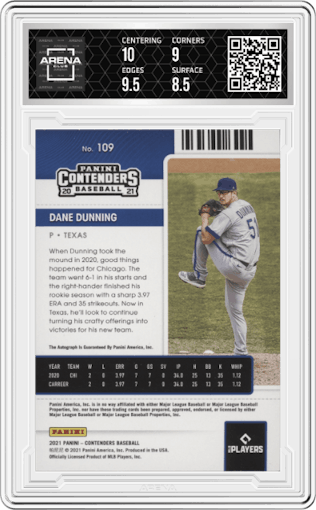 Dane Dunning from the 2021 Panini Contenders set featuring a Playoff Ticket parallel graded by Arena Club and given an overall grade of 9.