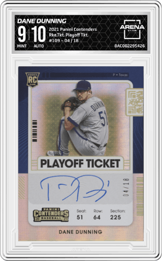 Dane Dunning from the 2021 Panini Contenders set featuring a Playoff Ticket parallel graded by Arena Club and given an overall grade of 9.