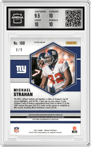 Michael Strahan from the 2021 Panini Mosaic set featuring a Red Wave parallel graded by Arena Club and given an overall grade of 10.