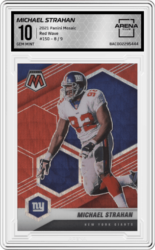 Michael Strahan from the 2021 Panini Mosaic set featuring a Red Wave parallel graded by Arena Club and given an overall grade of 10.