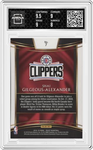 Shai Gilgeous-Alexander from the 2018-19 Panini Select  set graded by Arena Club and given an overall grade of 8.5.