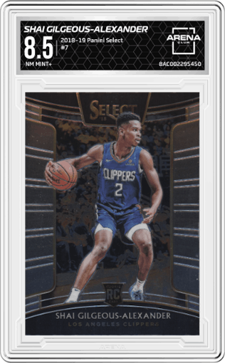 Shai Gilgeous-Alexander from the 2018-19 Panini Select  set graded by Arena Club and given an overall grade of 8.5.