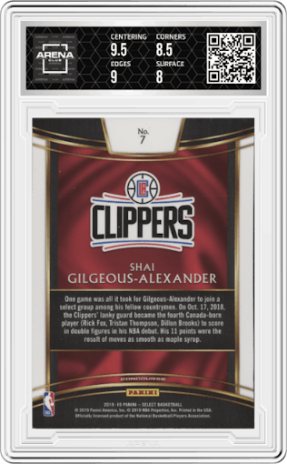 Shai Gilgeous-Alexander from the 2018-19 Panini Select  set graded by Arena Club and given an overall grade of 8.5.
