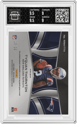 Tyquan Thornton from the 2022 Panini Spectra set featuring a Neon Orange parallel graded by Arena Club and given an overall grade of 9.5.