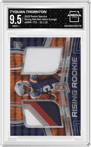 Tyquan Thornton from the 2022 Panini Spectra set featuring a Neon Orange parallel graded by Arena Club and given an overall grade of 9.5.