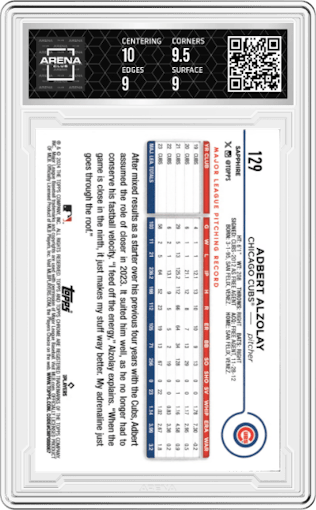 Adbert Alzolay from the 2024 Topps Chrome Sapphire set featuring a Gold parallel graded by Arena Club and given an overall grade of 9.5.