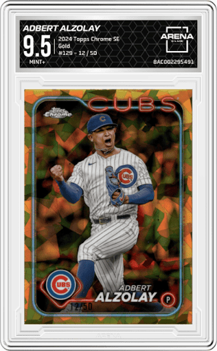 Adbert Alzolay from the 2024 Topps Chrome Sapphire set featuring a Gold parallel graded by Arena Club and given an overall grade of 9.5.