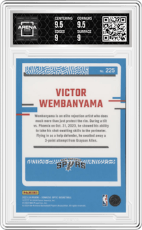 Victor Wembanyama from the 2023-24 Donruss Optic set graded by Arena Club and given an overall grade of 9.5.