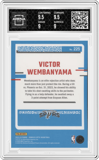 Victor Wembanyama from the 2023-24 Donruss Optic set graded by Arena Club and given an overall grade of 9.5.