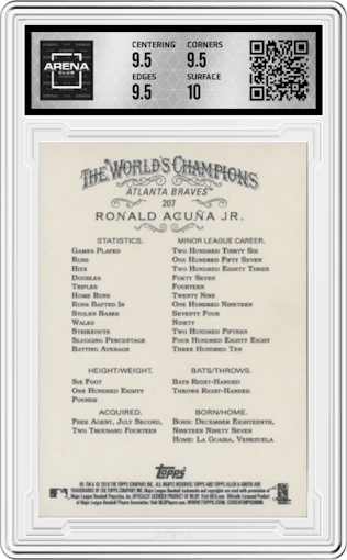 Ronald Acuna Jr. from the 2018 Topps Allen & Ginter set graded by Arena Club and given an overall grade of 10.
