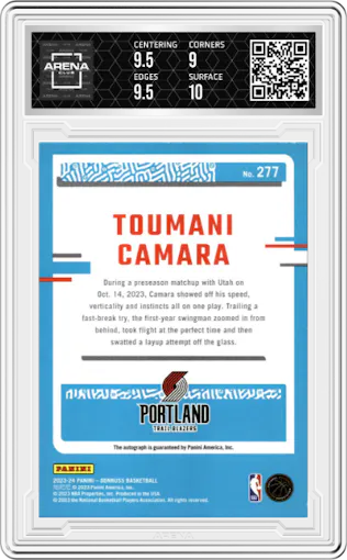 Toumani Camara from the 2023-24 Panini Donruss set featuring a  Choice  parallel graded by Arena Club and given an overall grade of 9.5.