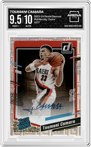 Toumani Camara from the 2023-24 Panini Donruss set featuring a  Choice  parallel graded by Arena Club and given an overall grade of 9.5.