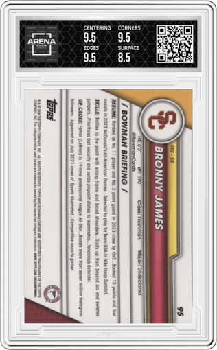 Bronny James from the 2023-24 Bowman U Chrome Sapphire set graded by Arena Club and given an overall grade of 9.