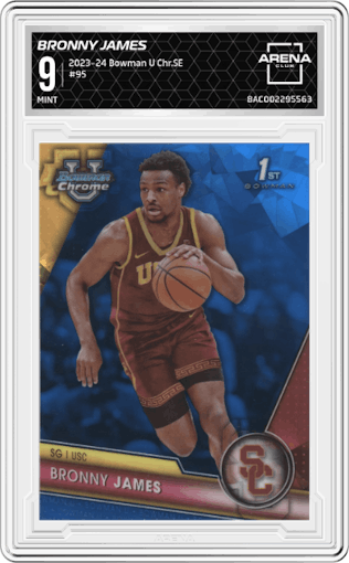 Bronny James from the 2023-24 Bowman U Chrome Sapphire set graded by Arena Club and given an overall grade of 9.