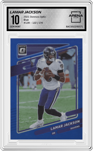 Lamar Jackson from the 2021 Panini Donruss Optic set featuring a Blue parallel graded by Arena Club and given an overall grade of 10.