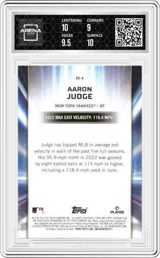 Aaron Judge from the 2023 Topps Stadium Club set graded by Arena Club and given an overall grade of 9.5.