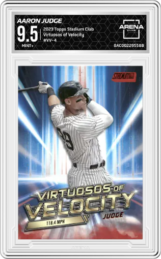 Aaron Judge from the 2023 Topps Stadium Club set graded by Arena Club and given an overall grade of 9.5.