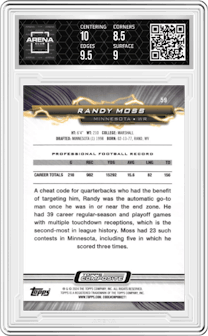 Randy Moss from the 2023 Topps Composite set featuring a Purple Surge parallel graded by Arena Club and given an overall grade of 9.