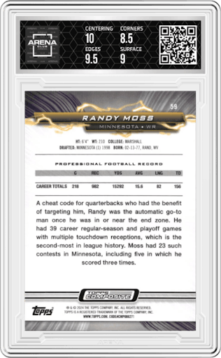 Randy Moss from the 2023 Topps Composite set featuring a Purple Surge parallel graded by Arena Club and given an overall grade of 9.