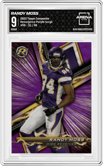 Randy Moss from the 2023 Topps Composite set featuring a Purple Surge parallel graded by Arena Club and given an overall grade of 9.