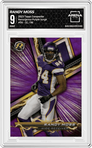 Randy Moss from the 2023 Topps Composite set featuring a Purple Surge parallel graded by Arena Club and given an overall grade of 9.
