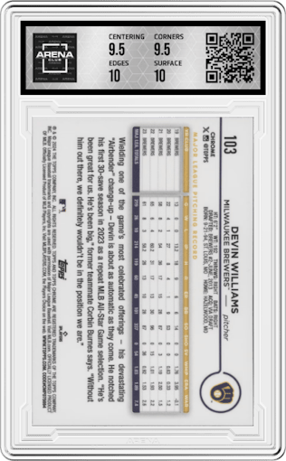 Devin Williams from the 2024 Topps Chrome set featuring a Orange Wave Refractor parallel graded by Arena Club and given an overall grade of 10.