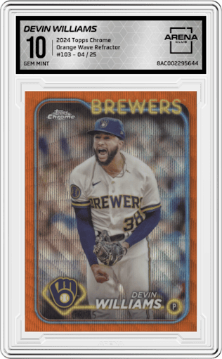 Devin Williams from the 2024 Topps Chrome set featuring a Orange Wave Refractor parallel graded by Arena Club and given an overall grade of 10.