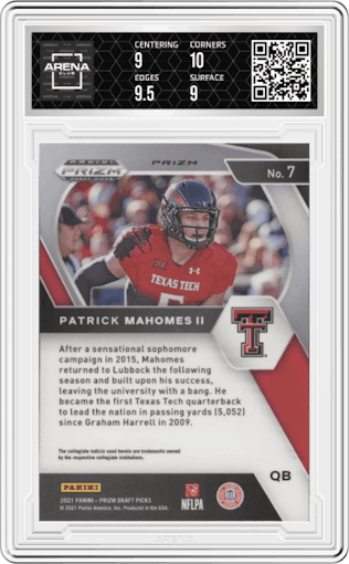 Patrick Mahomes II from the 2021 Panini Prizm Draft Picks set featuring a Blue Circles parallel graded by Arena Club and given an overall grade of 9.5.
