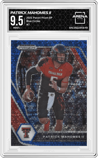 Patrick Mahomes II from the 2021 Panini Prizm Draft Picks set featuring a Blue Circles parallel graded by Arena Club and given an overall grade of 9.5.