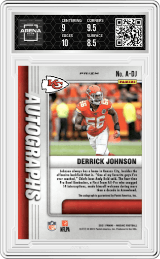 Derrick Johnson from the 2021 Panini Mosaic set featuring a Choice Fusion Red & Yellow parallel graded by Arena Club and given an overall grade of 9.