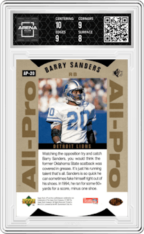 Barry Sanders from the 1995 Upper Deck SP set featuring a Die-Cut Gold parallel graded by Arena Club and given an overall grade of 8.5.