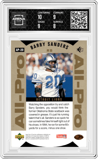Barry Sanders from the 1995 Upper Deck SP set featuring a Die-Cut Gold parallel graded by Arena Club and given an overall grade of 8.5.