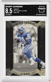 Barry Sanders from the 1995 Upper Deck SP set featuring a Die-Cut Gold parallel graded by Arena Club and given an overall grade of 8.5.