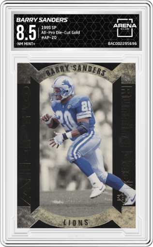 Barry Sanders from the 1995 Upper Deck SP set featuring a Die-Cut Gold parallel graded by Arena Club and given an overall grade of 8.5.