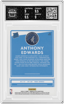 Anthony Edwards from the 2020-21 Panini Donruss Optic set graded by Arena Club and given an overall grade of 9.5.