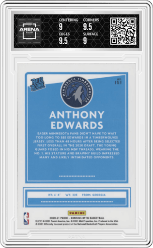 Anthony Edwards from the 2020-21 Panini Donruss Optic set graded by Arena Club and given an overall grade of 9.5.