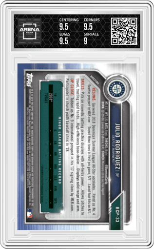 Julio Rodriguez from the 2019 Bowman  set graded by Arena Club and given an overall grade of 9.5.