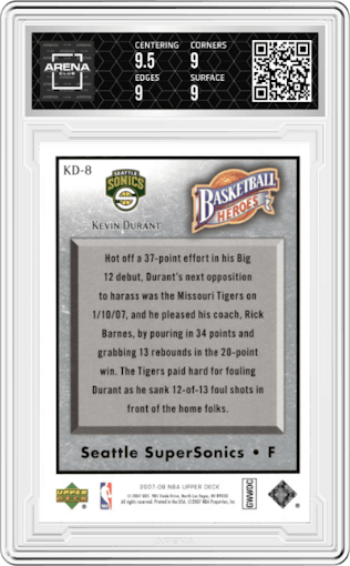 Kevin Durant from the 2007-08 Upper Deck  set graded by Arena Club and given an overall grade of 9.