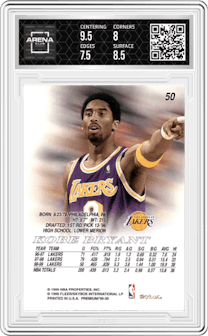 Kobe Bryant from the 1999-00 SkyBox Premium set graded by Arena Club and given an overall grade of 8.