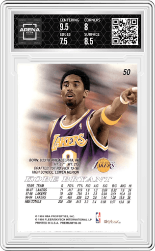 Kobe Bryant from the 1999-00 SkyBox Premium set graded by Arena Club and given an overall grade of 8.