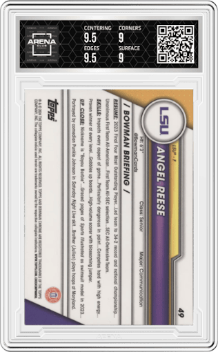  Angel Reese  from the 2023-24 Bowman U Chrome Sapphire set graded by Arena Club and given an overall grade of 9.5.