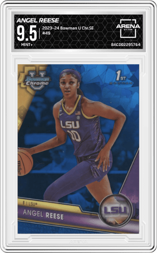  Angel Reese  from the 2023-24 Bowman U Chrome Sapphire set graded by Arena Club and given an overall grade of 9.5.