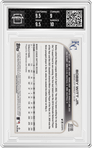 Bobby Witt Jr. from the 2022 Topps Update  set graded by Arena Club and given an overall grade of 9.5.